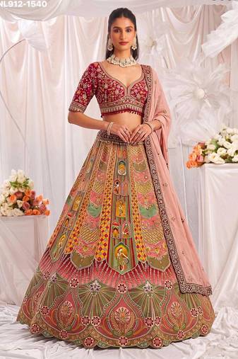 Multicolor Silk Blend Embroidered Designer Bridal Lehenga Choli Set