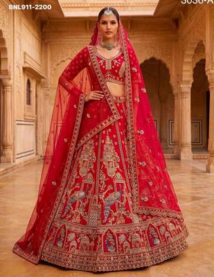 Red Silk Blend Embroidered Heavy Royal Bridal Lehenga Choli Set 1
