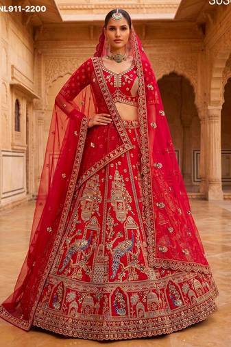 Red Silk Blend Embroidered Heavy Royal Bridal Lehenga Choli Set