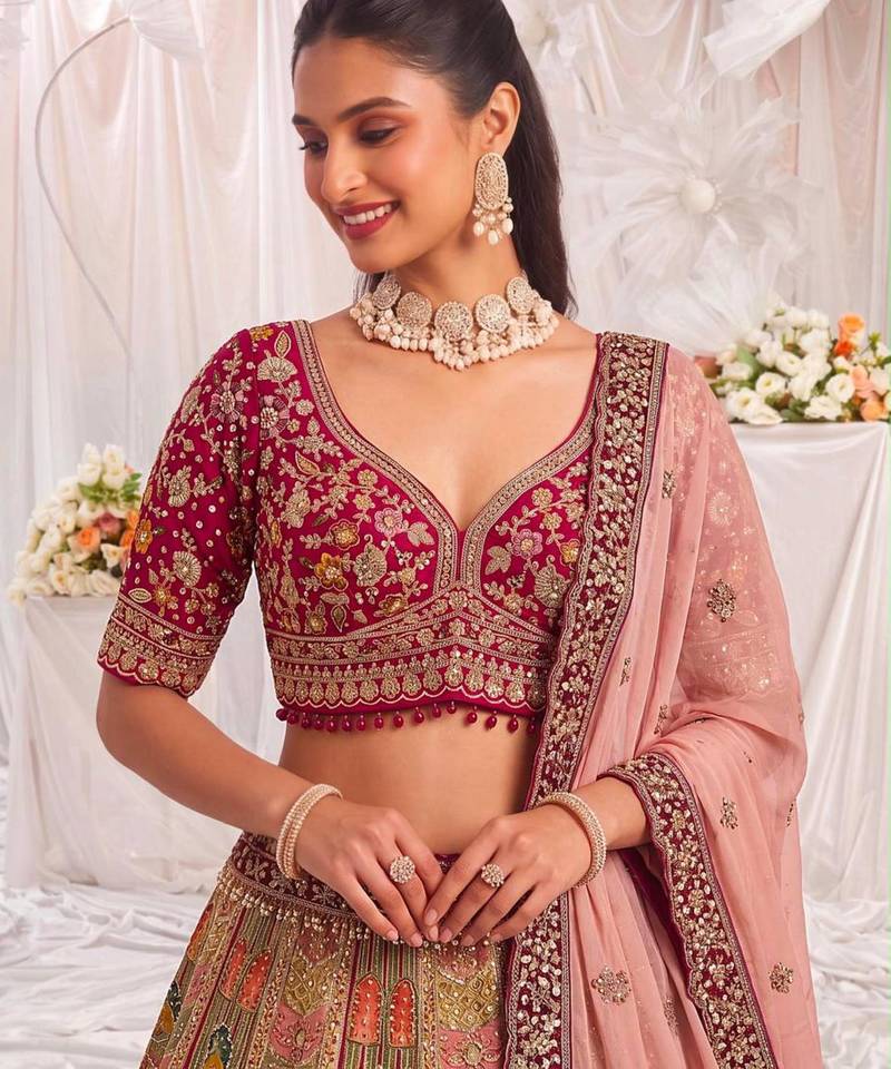 Multicolor Silk Blend Embroidered Designer Bridal Lehenga Choli Set