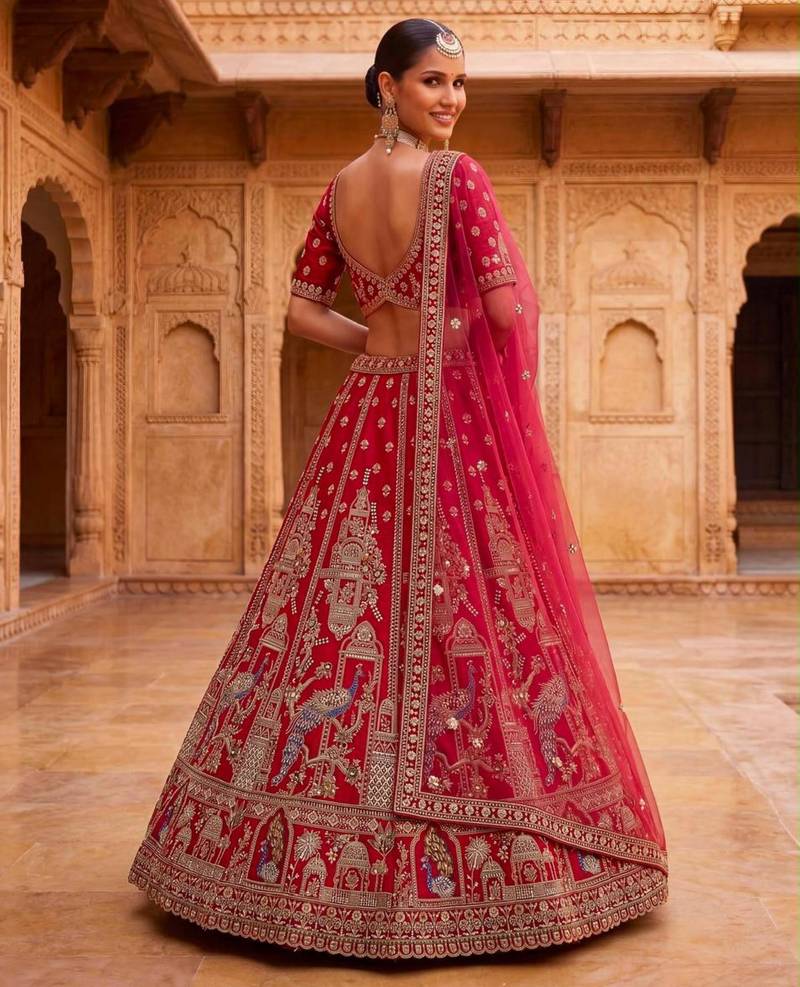 Red Silk Blend Embroidered Heavy Royal Bridal Lehenga Choli Set