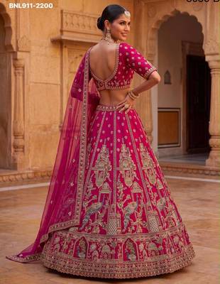 Rani Pink Silk Blend Embroidered Heavy Bridal Wedding Lehenga Choli Set 4