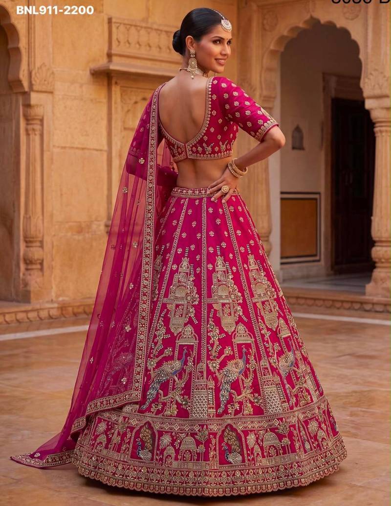 Rani Pink Silk Blend Embroidered Heavy Bridal Wedding Lehenga Choli Set
