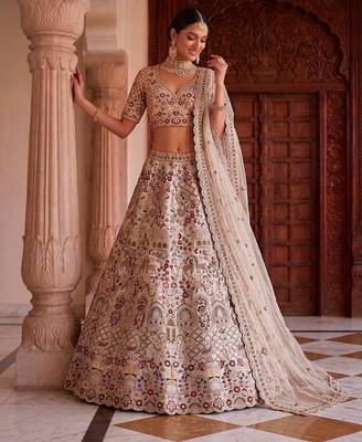 Beige Silk Blend Embroidered Heavy Bridal Wedding Lehenga Choli Set 1