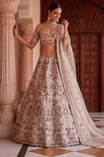 Beige Silk Blend Embroidered Heavy Bridal Wedding Lehenga Choli Set