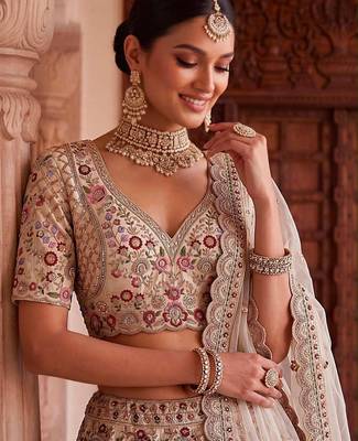 Beige Silk Blend Embroidered Heavy Bridal Wedding Lehenga Choli Set 2