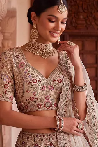 Beige Silk Blend Embroidered Heavy Bridal Wedding Lehenga Choli Set