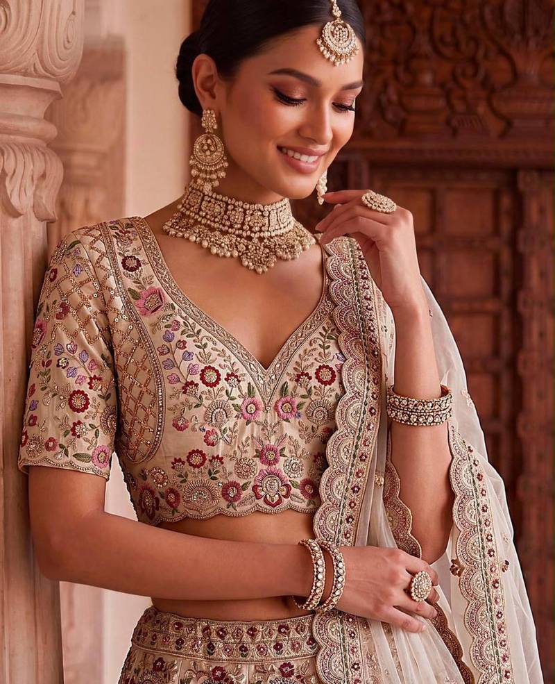 Beige Silk Blend Embroidered Heavy Bridal Wedding Lehenga Choli Set