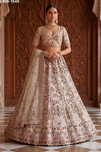 Beige Silk Blend Embroidered Heavy Bridal Wedding Lehenga Choli Set