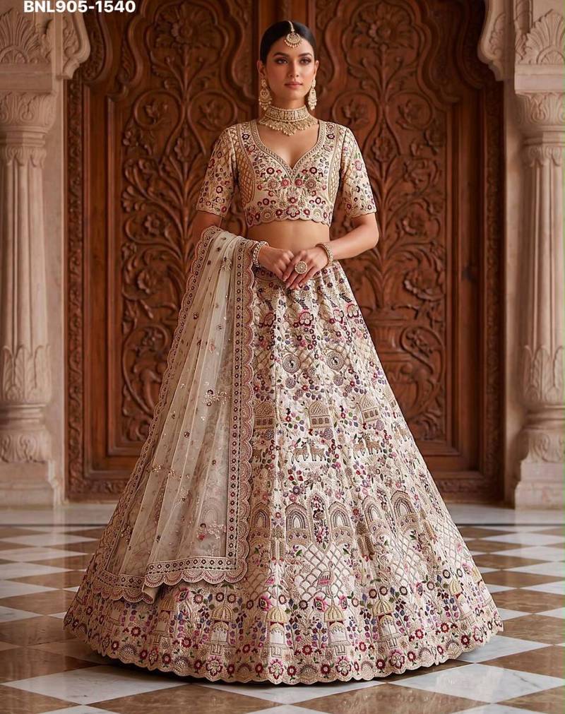Beige Silk Blend Embroidered Heavy Bridal Wedding Lehenga Choli Set