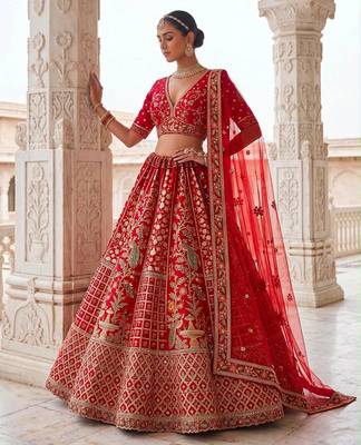 Red Silk Blend Embroidered Royal Bridal Wedding Lehenga Choli Set 1