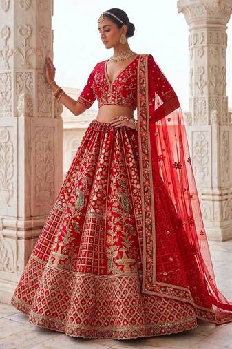 Red Silk Blend Embroidered Royal Bridal Wedding Lehenga Choli Set
