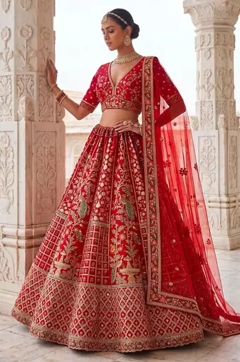 Red Silk Blend Embroidered Royal Bridal Wedding Lehenga Choli Set