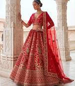 Red Silk Blend Embroidered Royal Bridal Wedding Lehenga Choli Set
