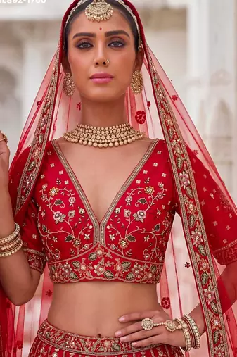 Red Silk Blend Embroidered Royal Bridal Wedding Lehenga Choli Set