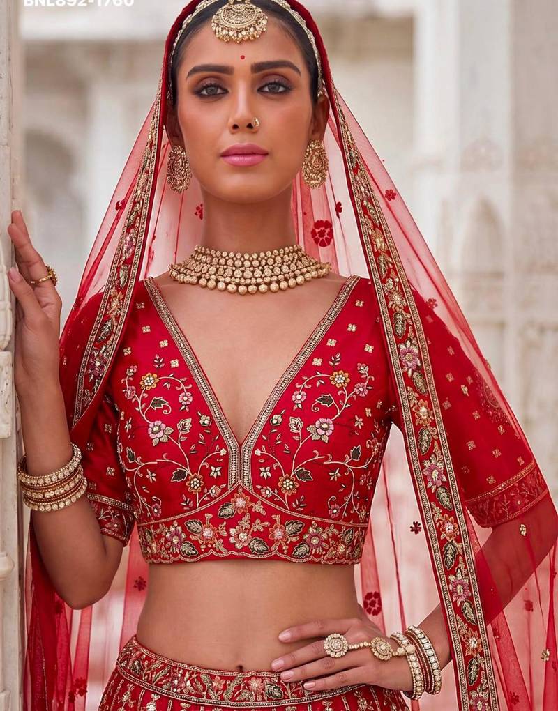 Red Silk Blend Embroidered Royal Bridal Wedding Lehenga Choli Set