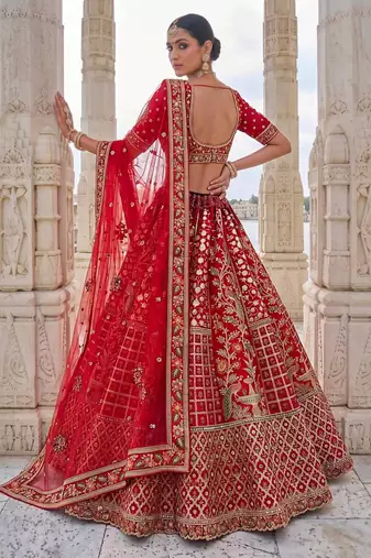 Red Silk Blend Embroidered Royal Bridal Wedding Lehenga Choli Set