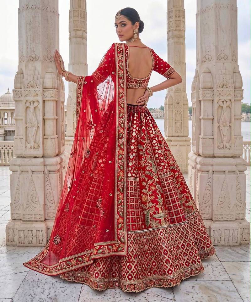 Red Silk Blend Embroidered Royal Bridal Wedding Lehenga Choli Set