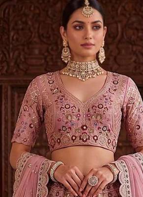 Light Onion Pink Silk Blend Embroidered Bridal Sangeet Lehenga Choli Set 1