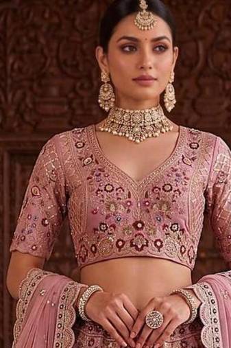 Light Onion Pink Silk Blend Embroidered Bridal Sangeet Lehenga Choli Set