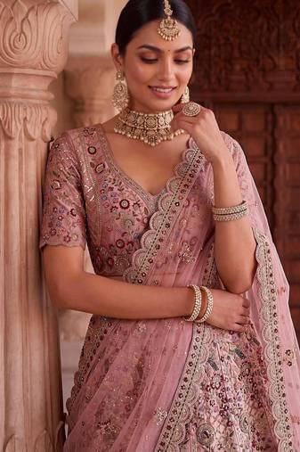 Light Onion Pink Silk Blend Embroidered Bridal Sangeet Lehenga Choli Set