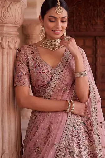 Light Onion Pink Silk Blend Embroidered Bridal Sangeet Lehenga Choli Set