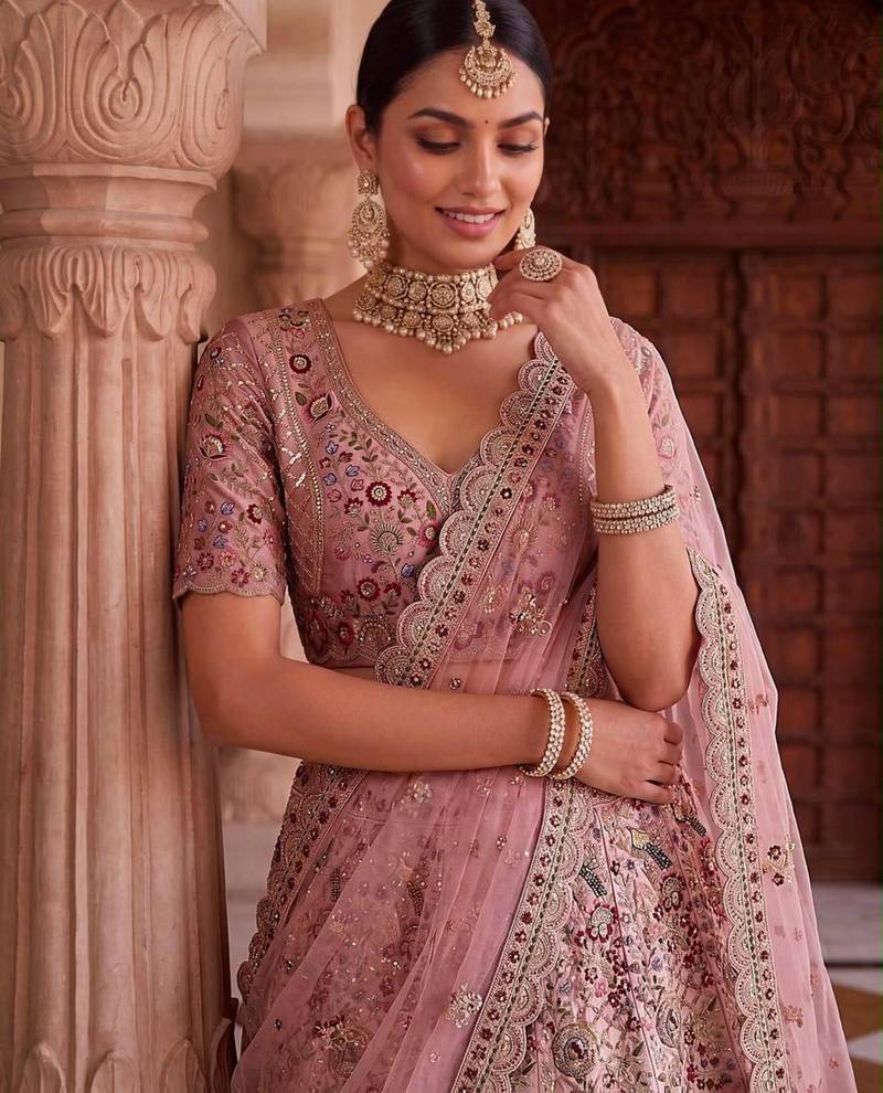Light Onion Pink Silk Blend Embroidered Bridal Sangeet Lehenga Choli Set