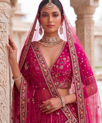Rani Pink Silk Blend Embroidered Heavy Bridal Wedding Lehenga Choli Set 4