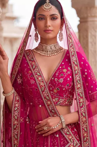Rani Pink Silk Blend Embroidered Heavy Bridal Wedding Lehenga Choli Set