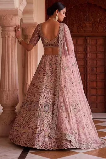 Light Onion Pink Silk Blend Embroidered Bridal Sangeet Lehenga Choli Set
