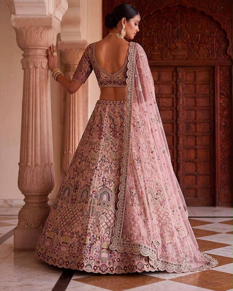 Light Onion Pink Silk Blend Embroidered Bridal Sangeet Lehenga Choli Set