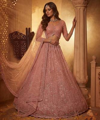 Pink Net Sequins Embroidered Party Wear Lehenga Choli Set 1