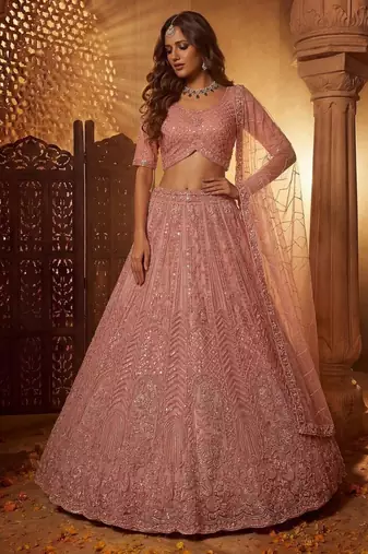 Pink Net Sequins Embroidered Party Wear Lehenga Choli Set