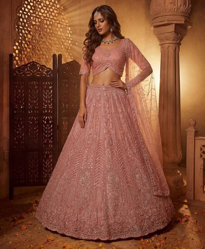 Pink Net Sequins Embroidered Party Wear Lehenga Choli Set