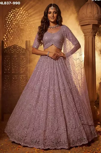 Lavender Net Sequins Embroidered Designer Lehenga Choli Set
