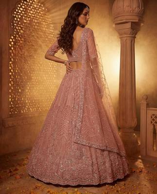 Pink Net Sequins Embroidered Party Wear Lehenga Choli Set 3