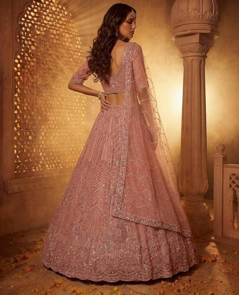 Pink Net Sequins Embroidered Party Wear Lehenga Choli Set