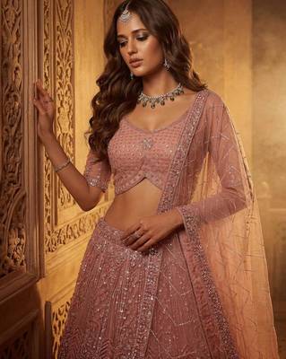 Pink Net Sequins Embroidered Party Wear Lehenga Choli Set 4