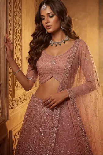 Pink Net Sequins Embroidered Party Wear Lehenga Choli Set
