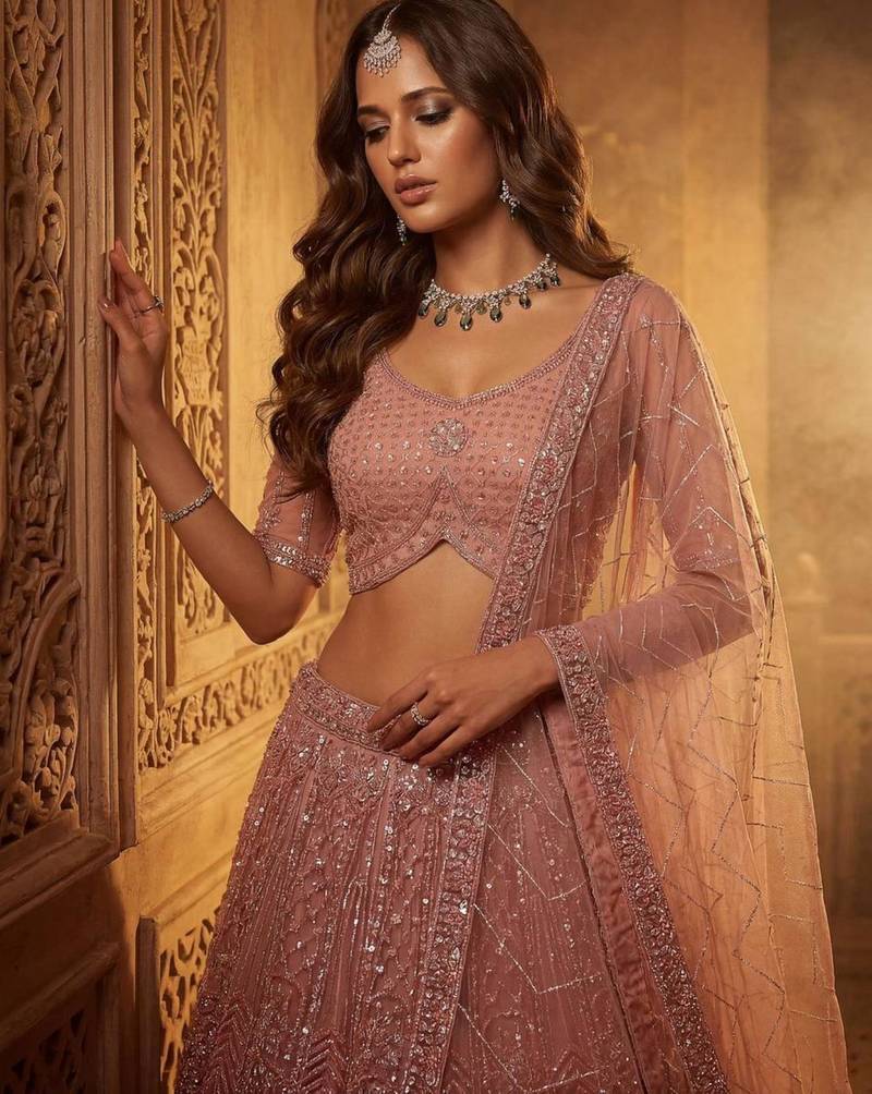 Pink Net Sequins Embroidered Party Wear Lehenga Choli Set