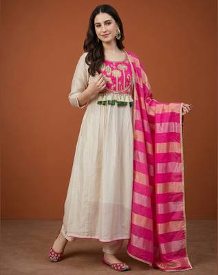 Women's Gorgeous Embroidery Silk Fabric Flared Anarkali Pant and Dupatta Set 1
