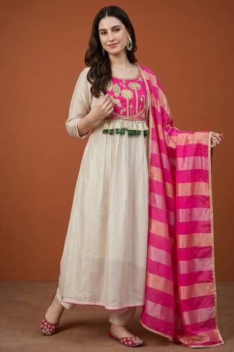 Women's Gorgeous Embroidery Silk Fabric Flared Anarkali Pant and Dupatta Set