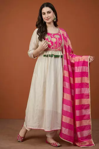 Women's Gorgeous Embroidery Silk Fabric Flared Anarkali Pant and Dupatta Set