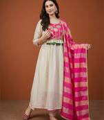 Women's Gorgeous Embroidery Silk Fabric Flared Anarkali Pant and Dupatta Set