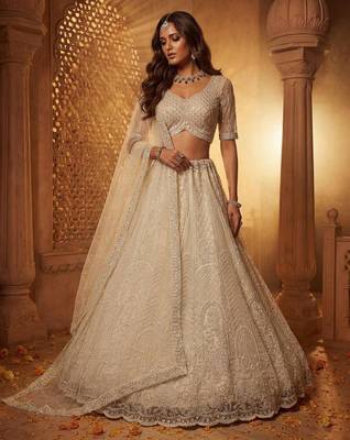 Off-White Net Embroidered Bridal Reception Lehenga Choli Set 1