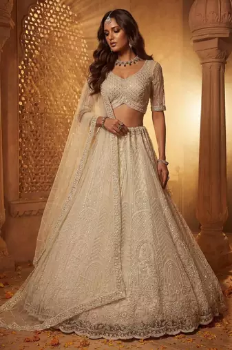 Off-White Net Embroidered Bridal Reception Lehenga Choli Set