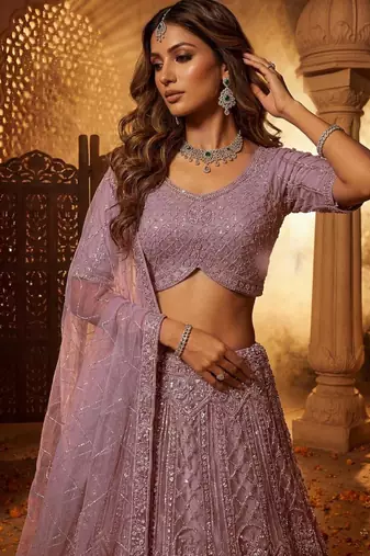 Lavender Net Sequins Embroidered Designer Lehenga Choli Set