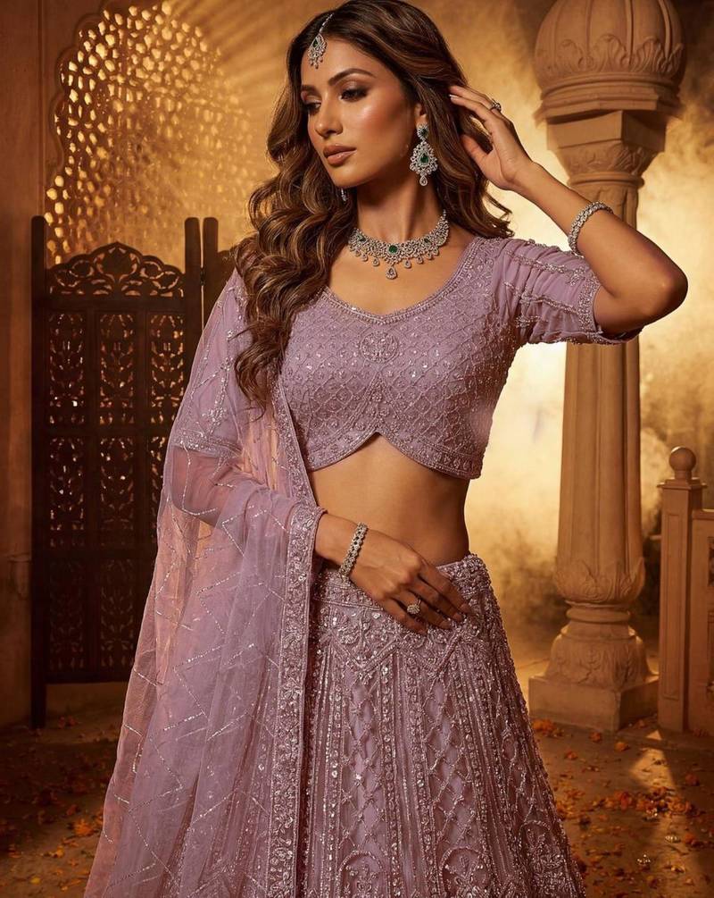 Lavender Net Sequins Embroidered Designer Lehenga Choli Set