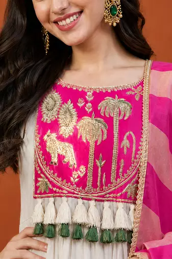 Women's Gorgeous Embroidery Silk Fabric Flared Anarkali Pant and Dupatta Set