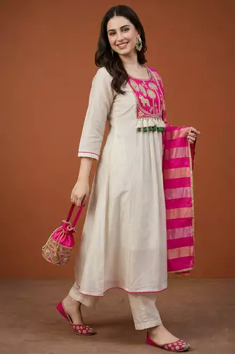 Women's Gorgeous Embroidery Silk Fabric Flared Anarkali Pant and Dupatta Set
